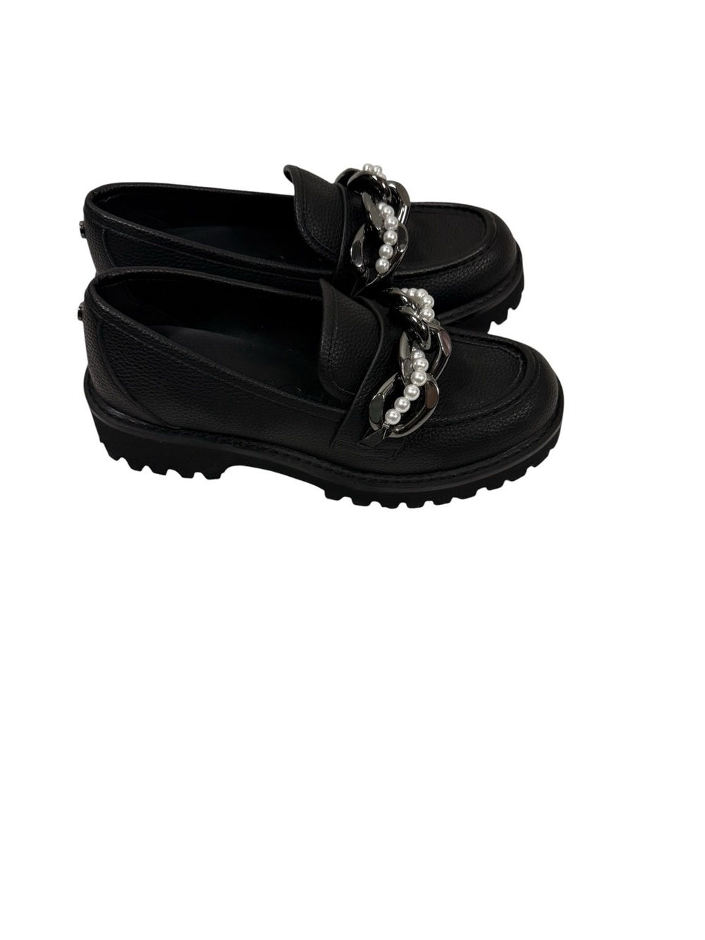 Karl Lagerfeld Black Leather lug Loafers with Chain & Pearl Trim size 8.5 - Picture 5 of 10